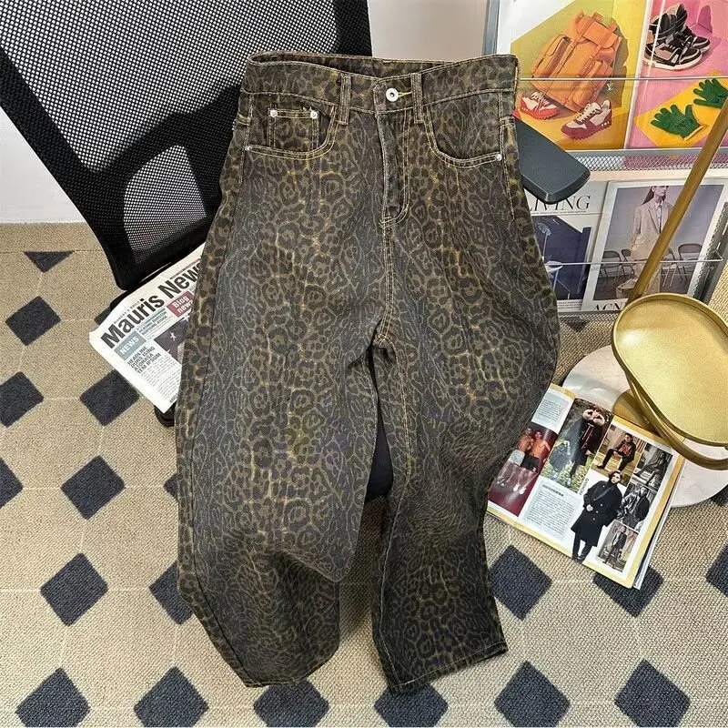 Leopardové tlačové džínsy Dámske americké nohavice na vysokej ulici retro jarné trendy y2k harajuku vrece s vysokým pásom príležitostné nohavice s vysokým pásom