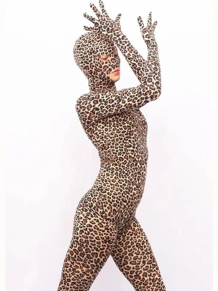 Leopardové výtlačky Full Coat Zentai Catsuit Oddelené prsty BodyStocking Zipper Open Crotch BodySuit Tacks Letard