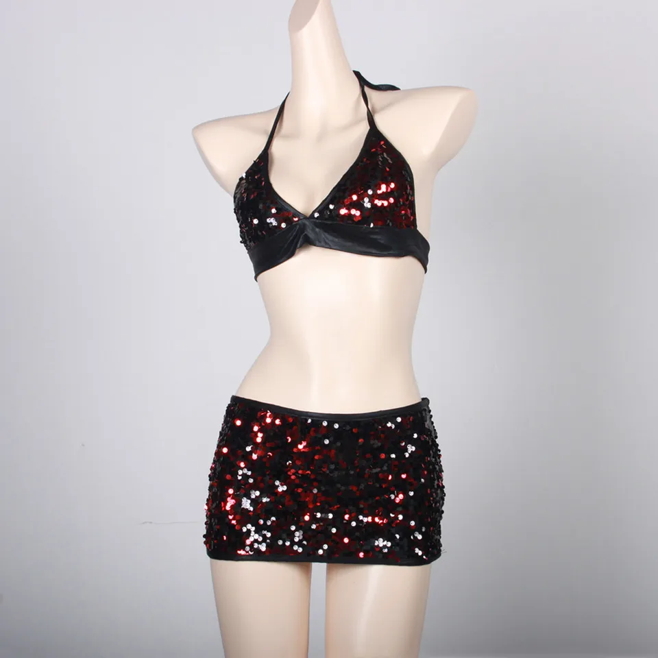 Lesklý flocin Nightclub Party 2 -Piece Set Split Mini sukňa Sexy backless Crop Top Top Douss Suit Movie Rave Festival Outfits