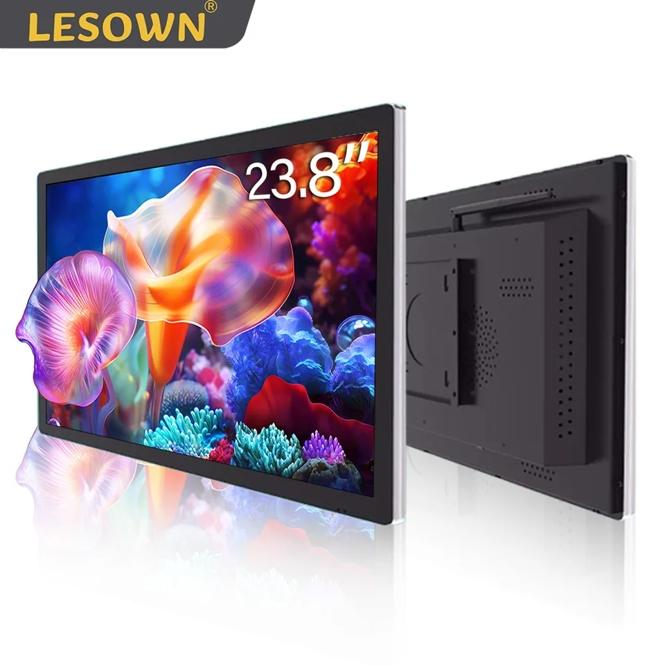 LESOWN 23,8-palcový monitor sekundárnej obrazovky VGA HDMI USB 1080p IPS VESA Wall-Mount Displej s reproduktormi kovové puzdro čierna biela