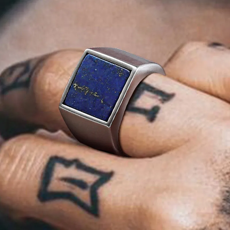 LETAPI Blue Nature Stone Ring pre mužov, 316L z nehrdzavejúcej ocele, štvorcový prsteň, palcov
