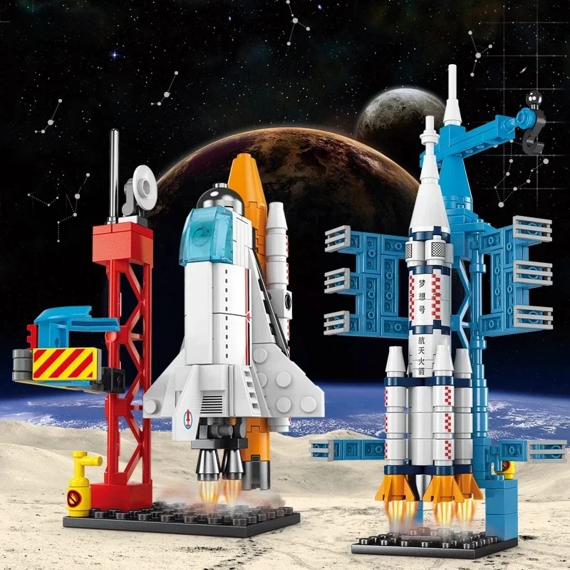 Letectvo Spaceport Model Space Shuttle Raket Launch Center Centrum stavebné bloky kozmickej lode Kreatívne hračky