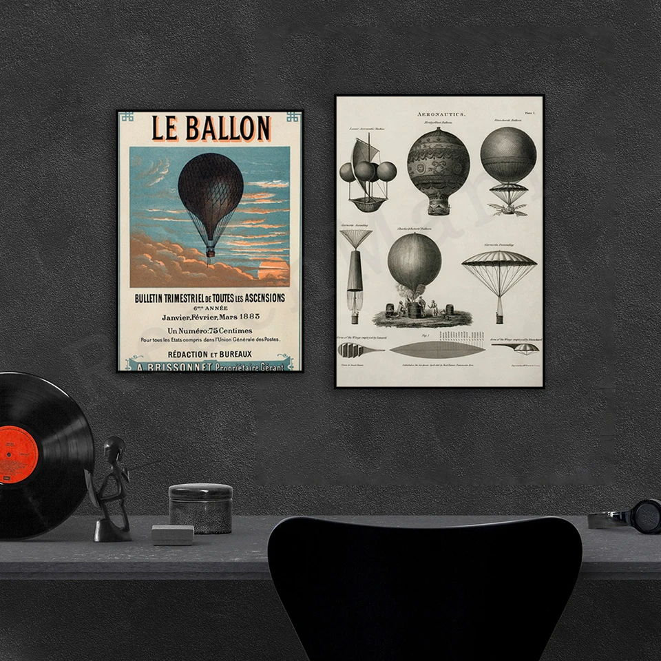 LETICKÁ VINTAGE ILUSTRÁCIA, retro dekorácia s horúcim vzduchom, plagát leteckého umenia, horúci vzduchový balón Francúzsko, Flying Home Decor