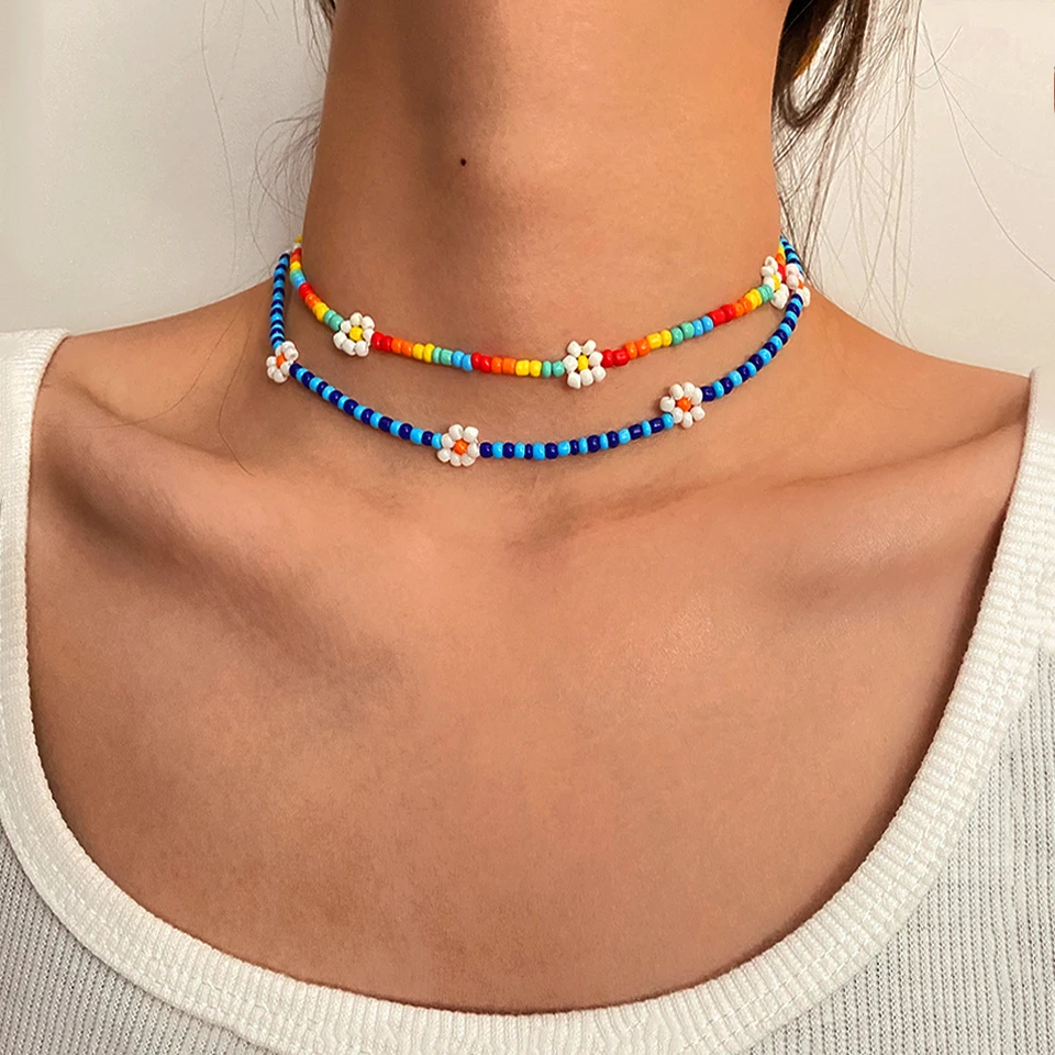 Letná boho korea Krásne kvety Daisy Farful korálkové kúzlo Vyhlásenie Krátky obojok náhrdelník pre ženy dovolenky šperky