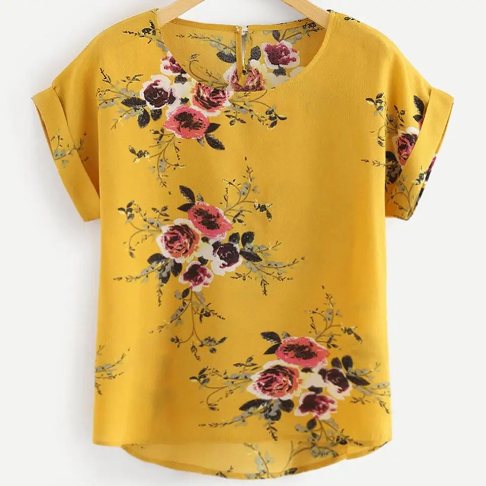 Letná móda kvetinová tlač blúzka Pullover Ladies O-Neck Tops topy dámska košeľa s krátkym rukávom Blusas femininas oblečenie