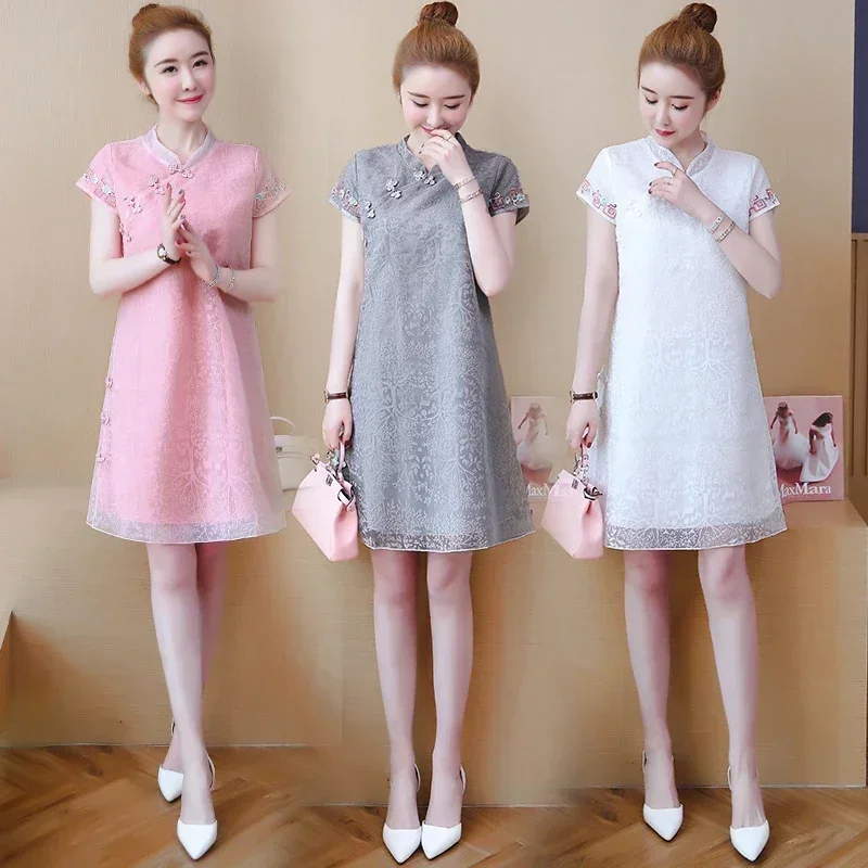 Letná móda Nové ženy National Cheongsam voľné veľké veľkosti Vintage čipky Ženy Krátke šaty Ženské biele šaty Qipao