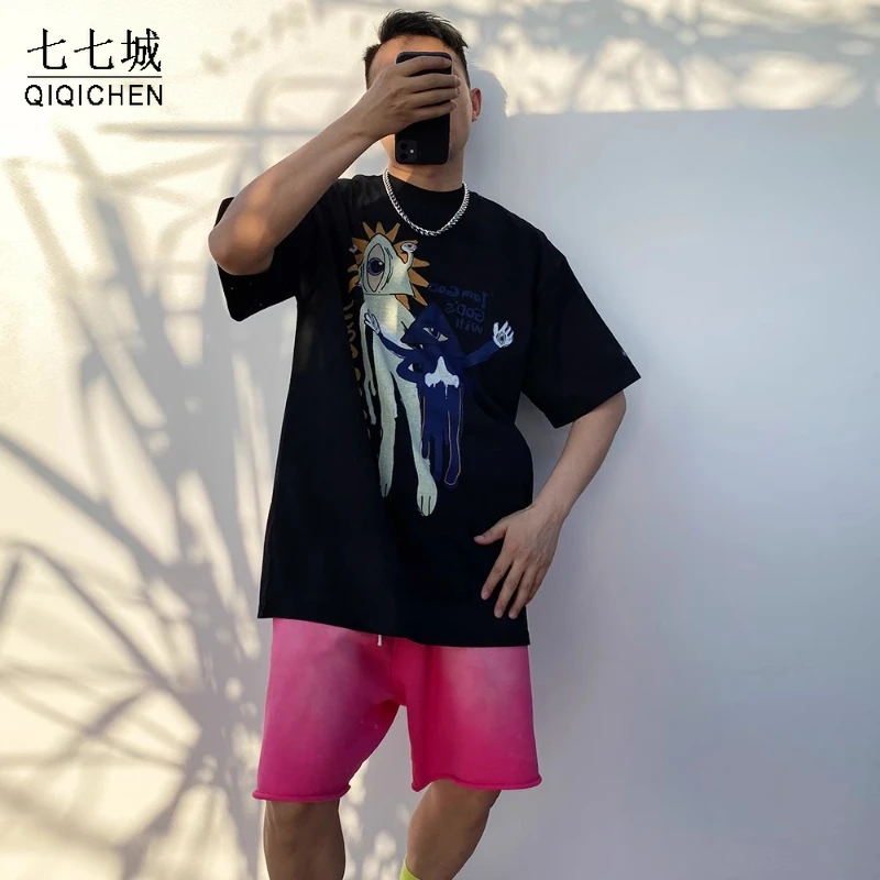 Letná nadmerná nadmerná nadmerná výška tričká Men Cotton Oneoked Alien tlač Tričká Hip Hop Hop Casy Loose Short Ruckve Tees Unisex Tops Streetwear