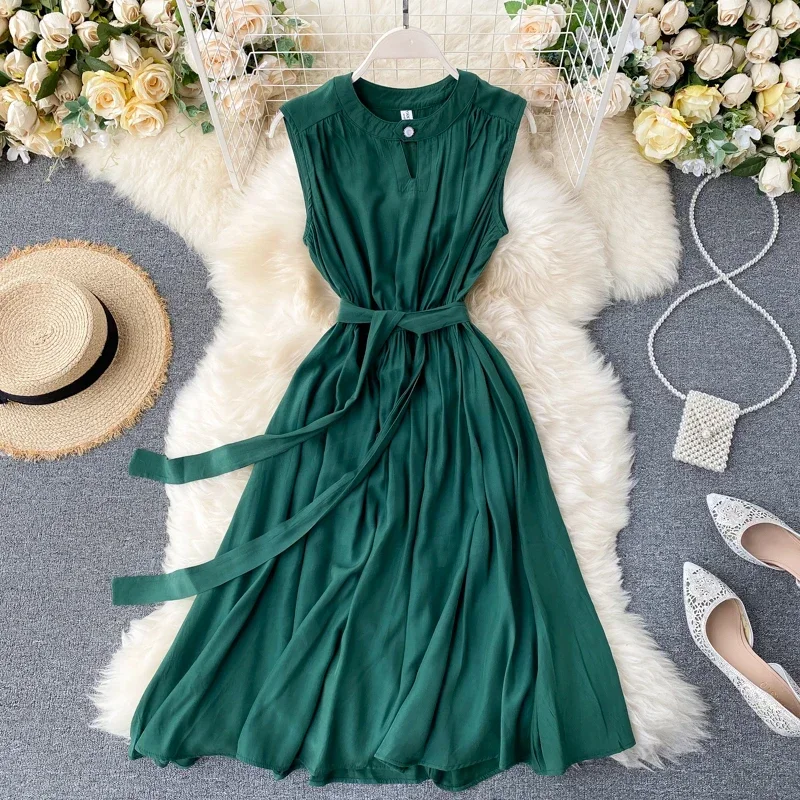 Letná pevná zelená/modrá/žltá ležérna šaty Elegantné rukávy bez rukávov okrúhle krk šaty šaty vintage 2024 nový módny Vestido Verano
