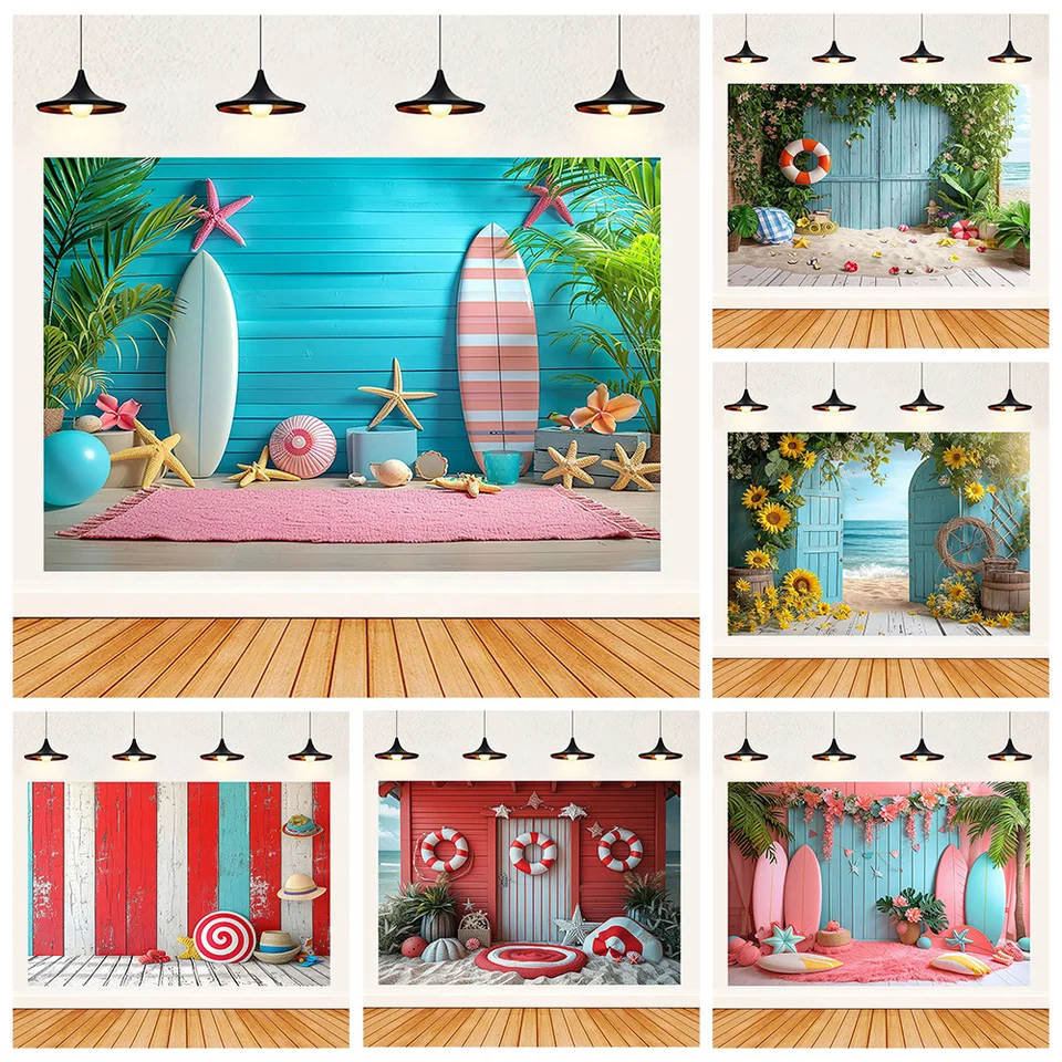 Letná pláž Aloha surfovanie palmy Palm Tree Baby narodeniny portrét Photography pozadie stena párty koláč s dekoráciou Foto Studio