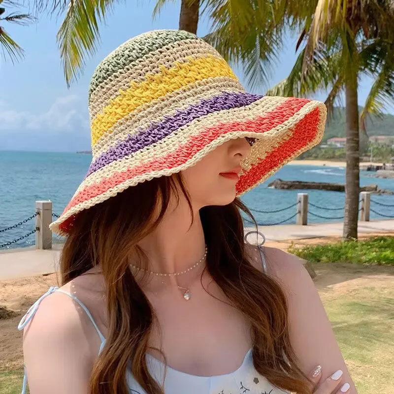 Letná slama klobúk pre ženy Sun Hat Sloadable Sun háčkuje klobúk pre pláž cestovanie ručne vyrábaná slama Panama čiapka