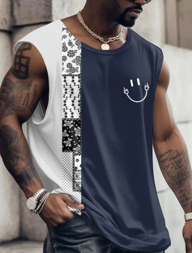 Letná svalová pánska vesta 3D Totem Print Crew-Neck Clothing bez rukávov Trič