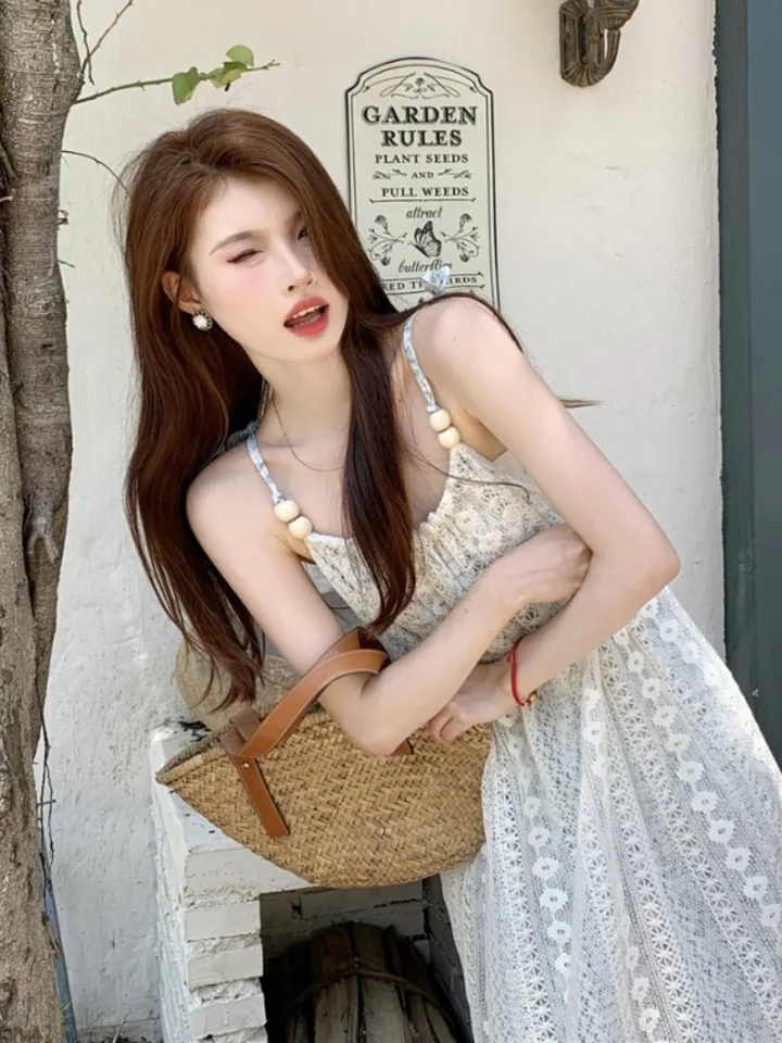 Letná vačková rukáv bez rukávov s masovou čipkou Lace Patchwork Dutwold Out Casual Lady Dovolenka dovolenky Gauze Fairy Midi Šaty