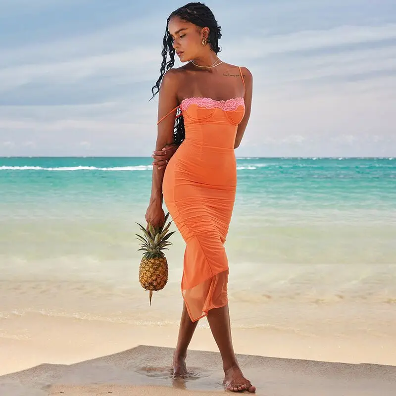 Letná čipka rozdeľuje šaty šaty bez rukávov natiahnuté patchwork elegantné špagety špagety kokety sexy maxi vestos