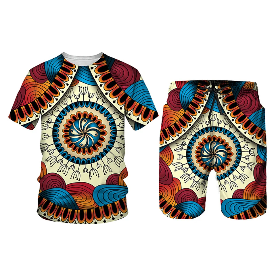 Letné africké oblečenie 3D tlačené športové muži šortky Suits Vintage Casual 2 -Pies Tirt+šortky módne mužské súpravy