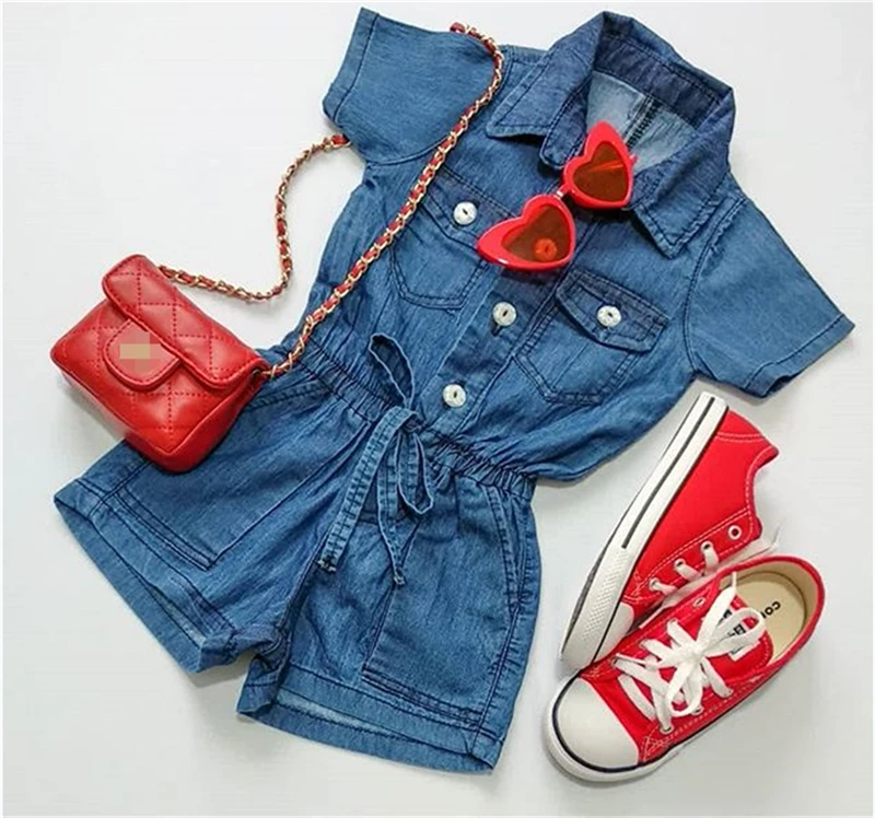 Letné batoľa deti dievčatko denim Romper krátke kombinézy Causal Girls oblečenie Romper Playsuit