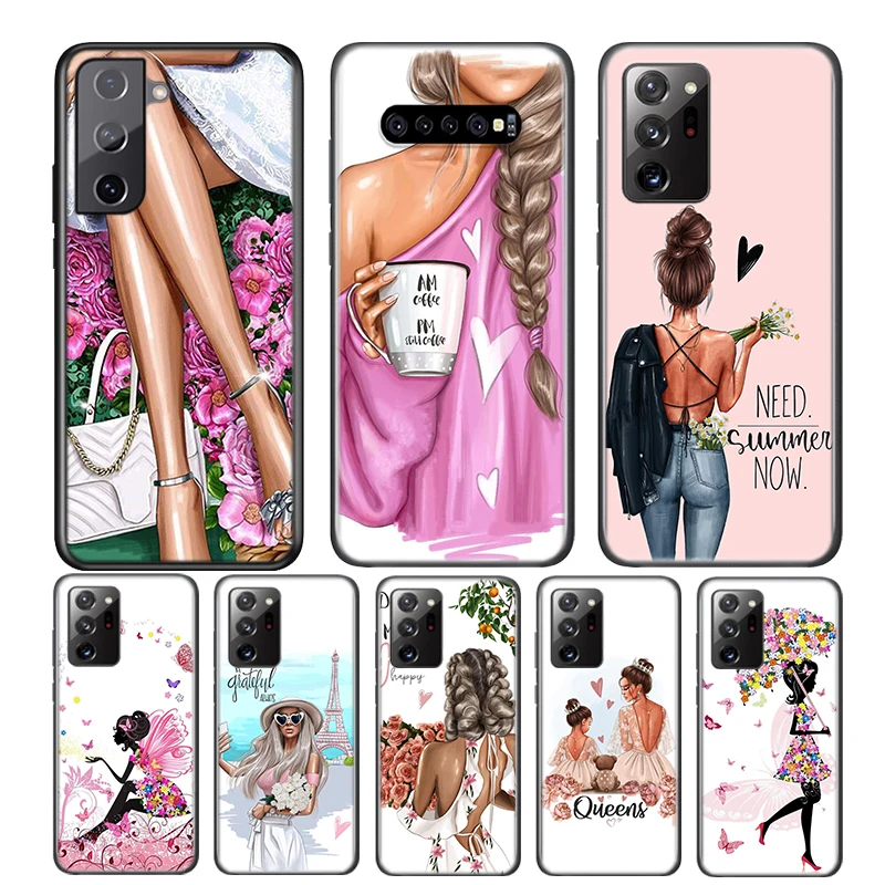 Letné cestovné dievčatko pre Samsung Galaxy S24 S23 S22 S21 S20 S20 Fe Ultra S10 S10E Lite 5G S9 S8 S7 Edge Plus Plus čierny telefón