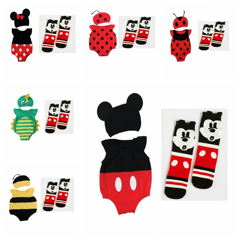 Letné chlapcovia novorodenci s krátkym rukávom s krátkym rukávom Sock 3 PCS Set Cartoon Mickey Minnie Infant Girl Clothing Bebe Cotton Swesuits