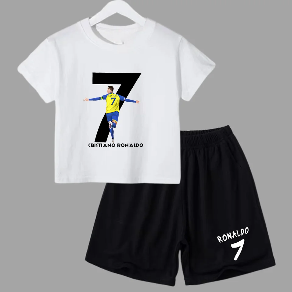Letné CR7 Ronaldo Sports Kids Suit 2-14 rokov chlapec 2ks set ležérne tričká s krátkym rukávom+šortky nohavice súpravy detí idol oblečenia