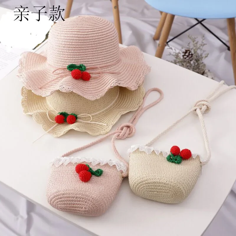 Letné deti slamené klobúky čerešňa pompom princezná dievčatká klobúk DETI DETABLIKÁ SUNNÁ SUNOVÁ SUNNÁ SUNNA HAP BONNET GIRL BAG HAJE
