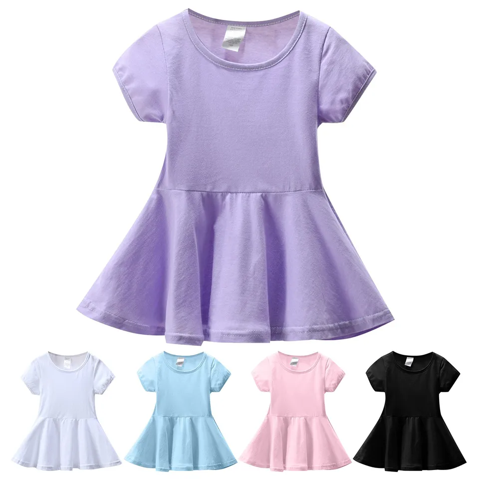 Letné dievča Solid Color Crewneck Krátky rukáv Line Knee Dĺžka šaty jednoduché šaty s dlhým rukávom Dlhé šaty pre dievčatá 4 roky