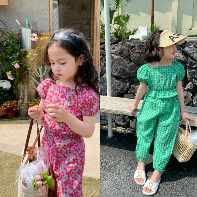 Letné dievčatká Cotton Plaid Puff Ruckves kvetinové výklady plodiny Topy+voľné nohavičky Detské tracksuit Child 2ks outfits 2-8 rokov