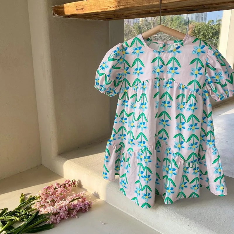 Letné dievčatá okrúhly krk Puffy rukáv kvetinové listy listy pre dievčatá pre dievčatá móda roztomilé princezné pompadour šaty