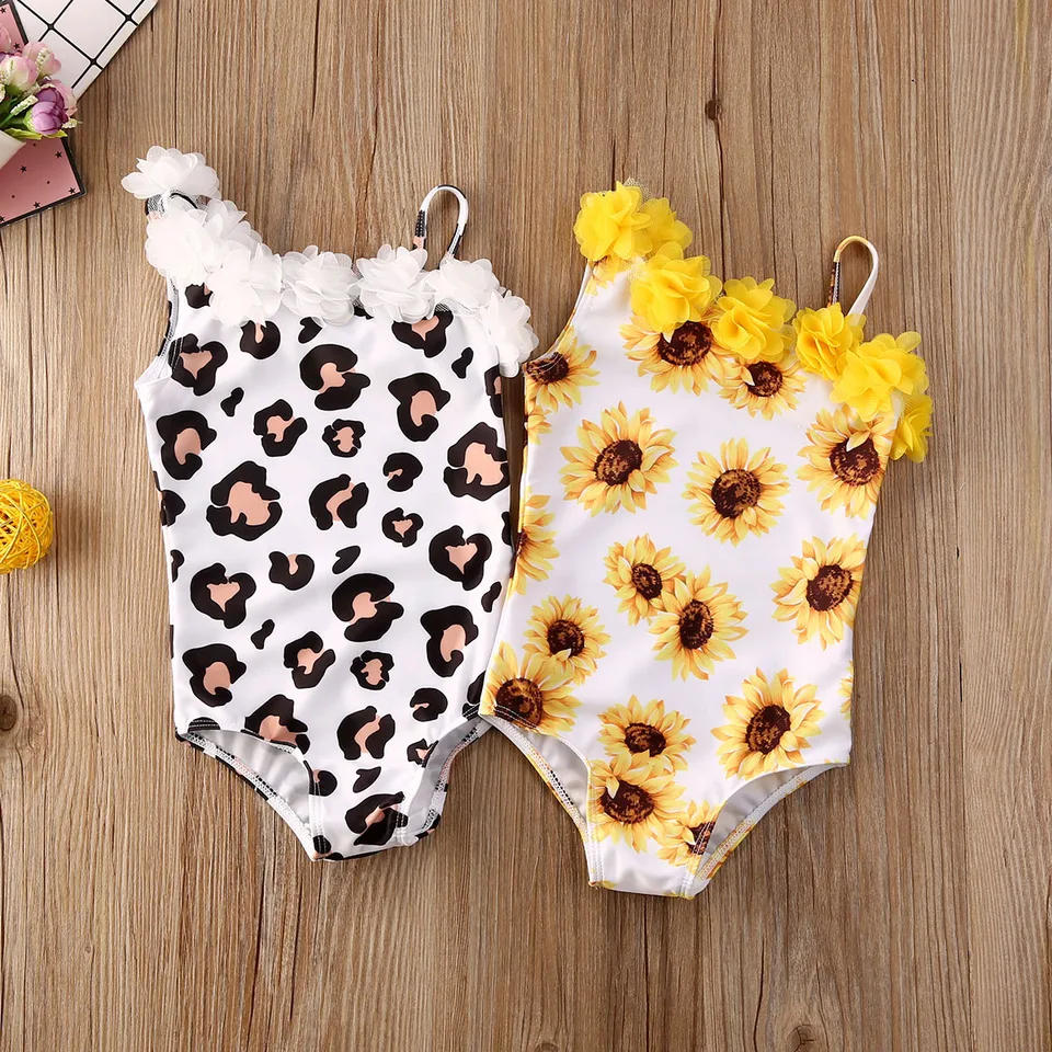 Letné dieťa dievčatká bikiny slnečné flowers leopard tlače Laffles Lace One Rameno plavky Bodysuit Beachwear Outfits 0-5Y