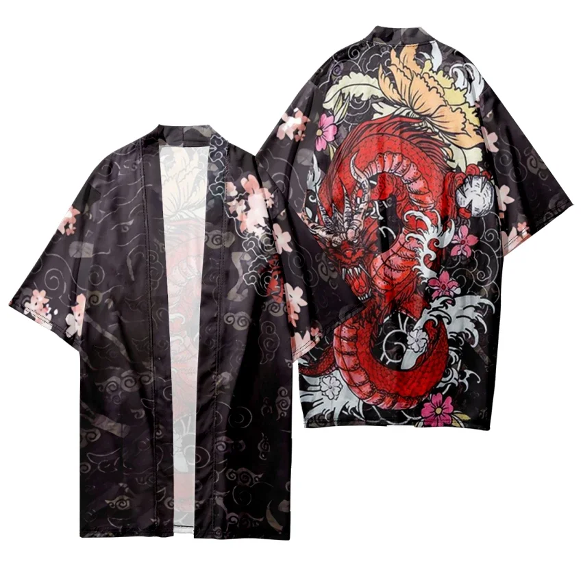 Letné dlhé kimono čínske dragon tlače Wardigan unisex štýlové módne havajské tričko Kimonos Pláž Top voľné župany yukata