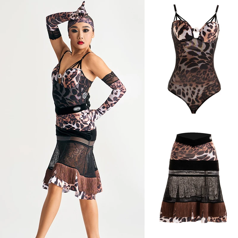 Letné dospelé osoby Latinský tanec Profesionálne kostýmy Sexy leoaprd latinské top strapce sukne dámska samba chacha tanečku Wear SL10254