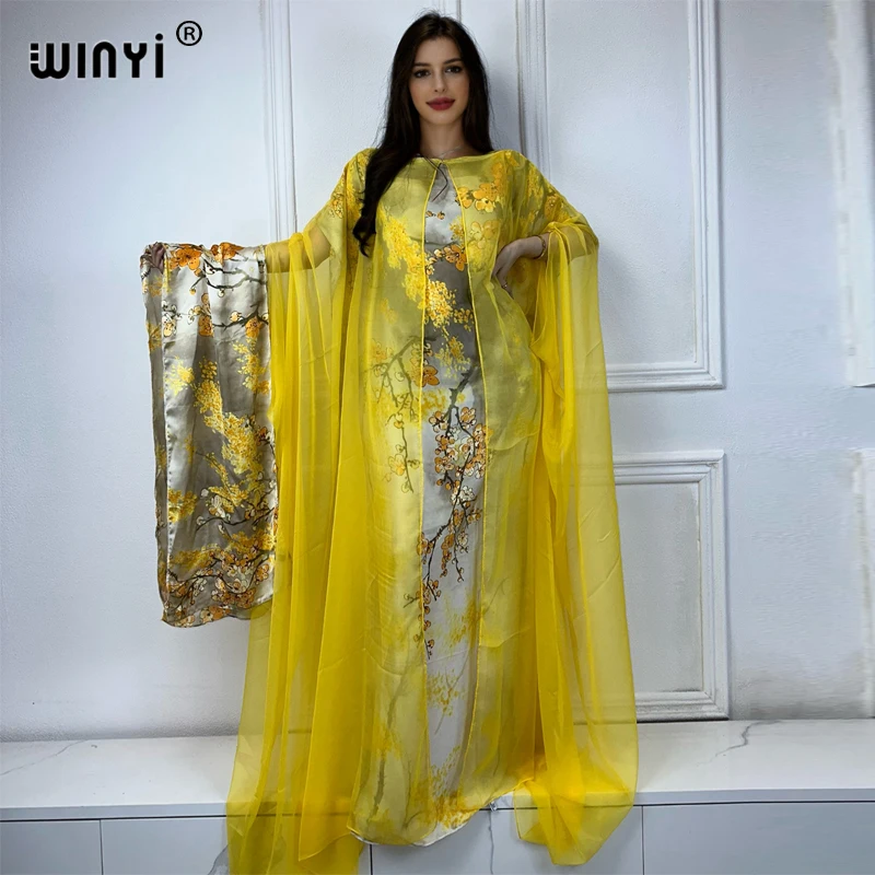 Letné dvojvrstvové tlačené večierky Diele Double Dreies Days Woment Woment Kaftan Abaya Dubai Luxus maxi Long Down Dress s opaskom