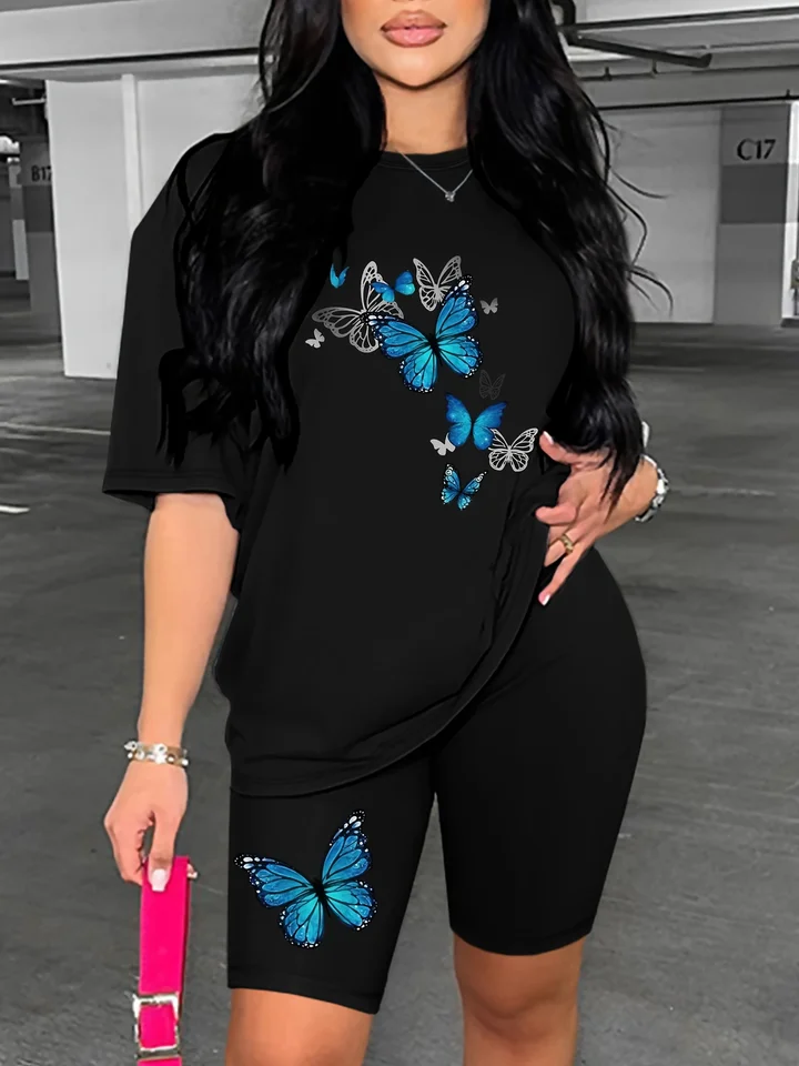 Letné dámske motýľ tlače Príležitostné voľné okrúhle krk Krátke rukávové tričko Tričká Dvojdielne sada Solid Color Dress Streetwear