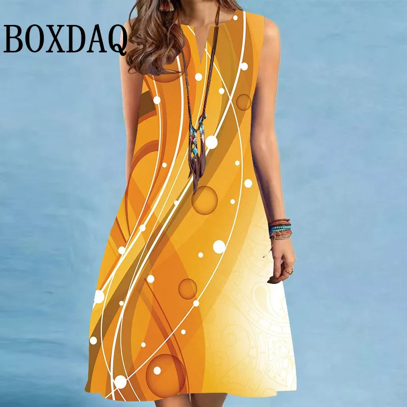 Letné dámske oblečenie Retro a-line šaty tlače Príležitostné Sundress Loose V-krk na panovky elegantné módne rukávy bez rukávov Tank šaty