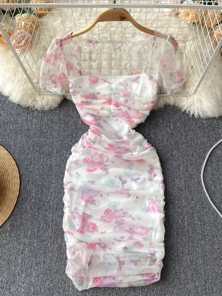 letné dámske šaty SSTSS Sladké ružové kvetinové tlače Mini Bodycon Dress Sexy Pozrite sa cez šaty s krátkym rukávom