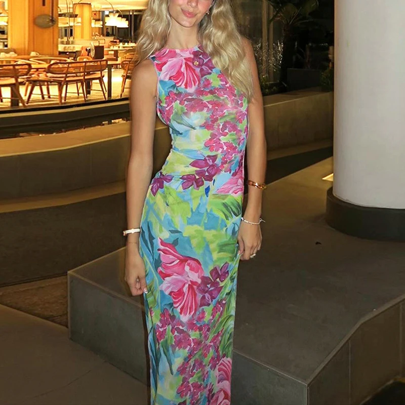 Letné havajské kvetinové maxi šaty pre ženy sexy telescon backless pláž dlhé vesty s rukávmi bez rukávov bez rukávov Sundresses