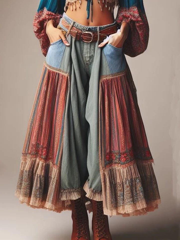 Letné jesenné nohavice pre ženy České patchwork široké nohavice nohavice femme umenia sukňa sukň