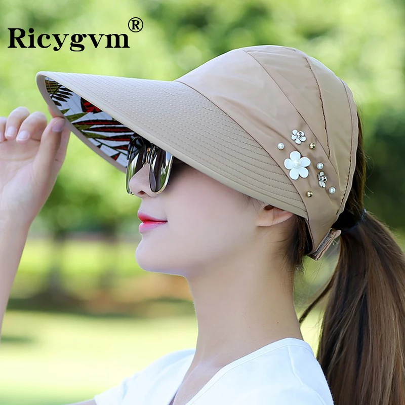 Letné klobúky pre ženy skladacie slnečné klobúky perlové kvetinové priezor Suncreen Floppy Cap Female Outdoor so širokouhlými plážovými baseballovými čiapkami