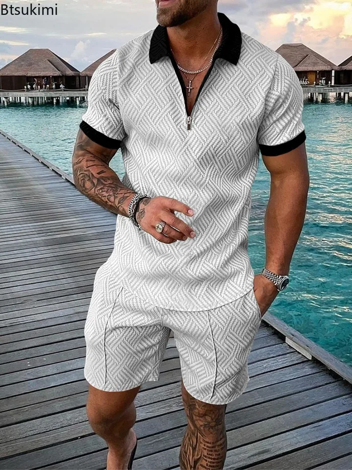 Letné kontrastové farby mužov s krátkym rukávom Tracksuit módne 3D tlačené príležitostné dvojpter mužov Men Social Sport Golf outfit Setts