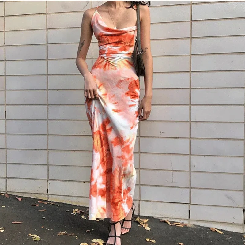 Letné kravaty Dye Tlač sexy zadný krížový remienok stredná dĺžka Camisole šaty