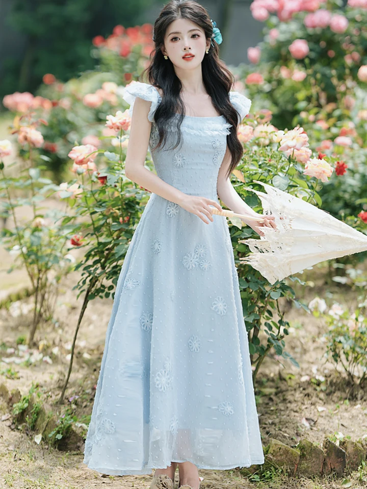Letné modré jacquard kvetinové maxi šaty Ženy Elegantné šťavnaté šaty na štvorcový obojok 2024 Kórejské módne šaty Bodycon