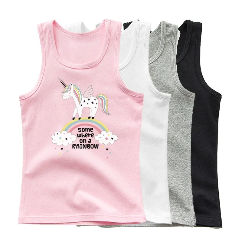 Letné módne dievčatá dúha jednorožec bez rukávov tričko pre deti karikatúra singlet bavlnené topánky Tops Cute Undershirt Športové oblečenie