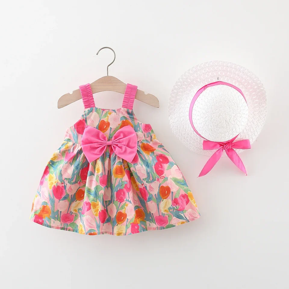 Letné nové dievčatá detské šaty sladké zavesenie remienok Kórejský kvetinový výtlačok Big Bow Cotton Castle Dress s klobúkom