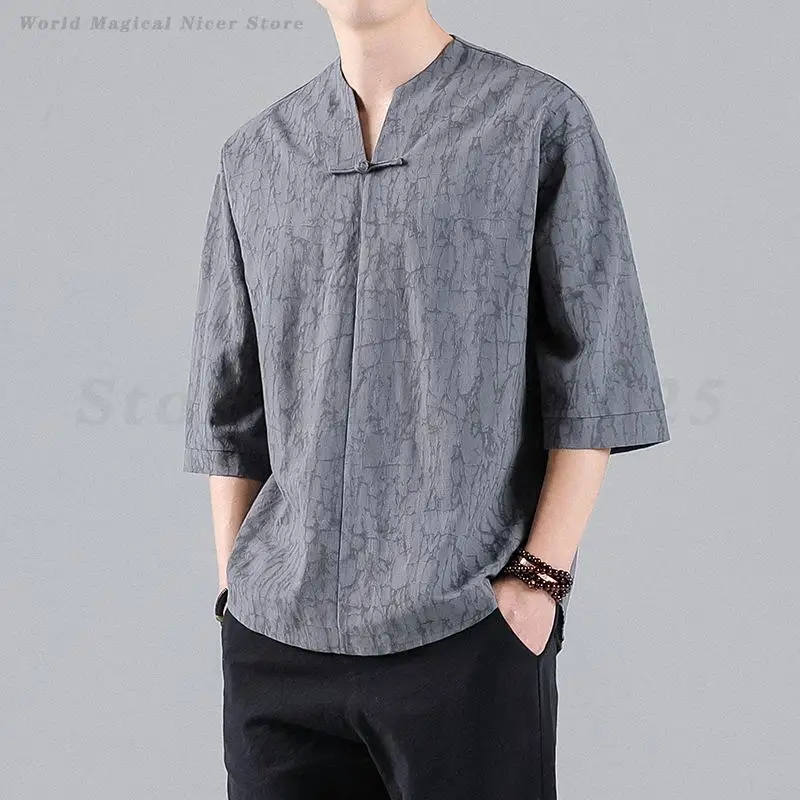 Letné nové pánske tričko Tradičný čínsky štýl Retro Tang Clothing Top Veľká veľkosť 5xl voľné ležérne blúzky s polovičným rukávom