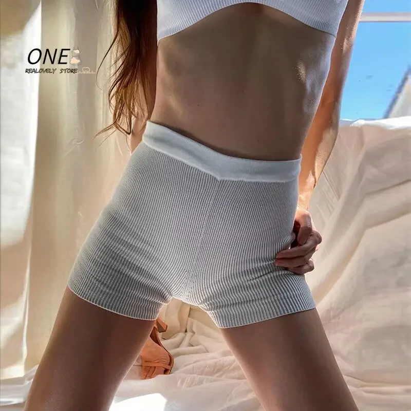 Letné pletené kraťasy bavlnené biele ženy Príležitostné mini čierne sexy sexy vysoký pás rebrované streetwear Basic Conyber Shorts High natiahnutý