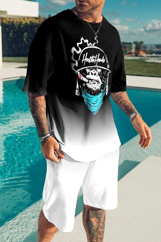 Letné plážové pánske tričko set 3D tlačiareň Monkey Sportswear plus veľkosť oblečenia Street dva kusové ornoty Tričko Tričníky