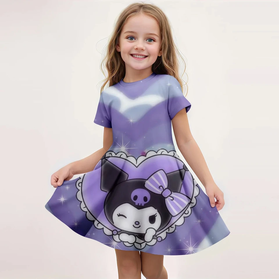 Letné roztomilé Kuromi 3D tlačené detské šaty s krátkym rukávom Plaid Love Pattern Girls sukňa módne mäkké detské oblečenie