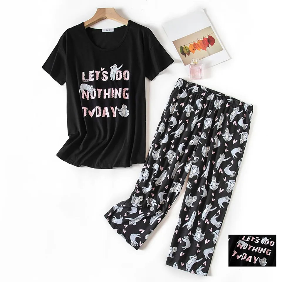 Letné s krátkym rukávom Capris Cartoon Roztomilé pyžamy bavlnené domáce oblečenie okrúhle krk Loungewear tenký dvojdielny súprava plus pijamy