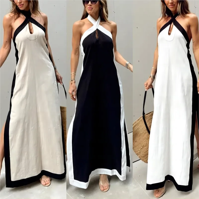 Letné sexy dámske šaty nový štýl bavlnená bielizeň backless halterneck štrbina vintage boho ples šaty pre ženy maxi rúž femme