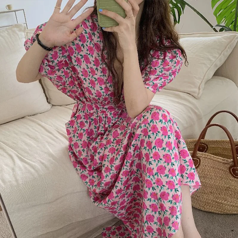 Letné sladké kvetinové šaty s krkom V-päsť šnurovaný pás boho Vestidos elegantes para mjer šifón y2k tenký krátky rukáv