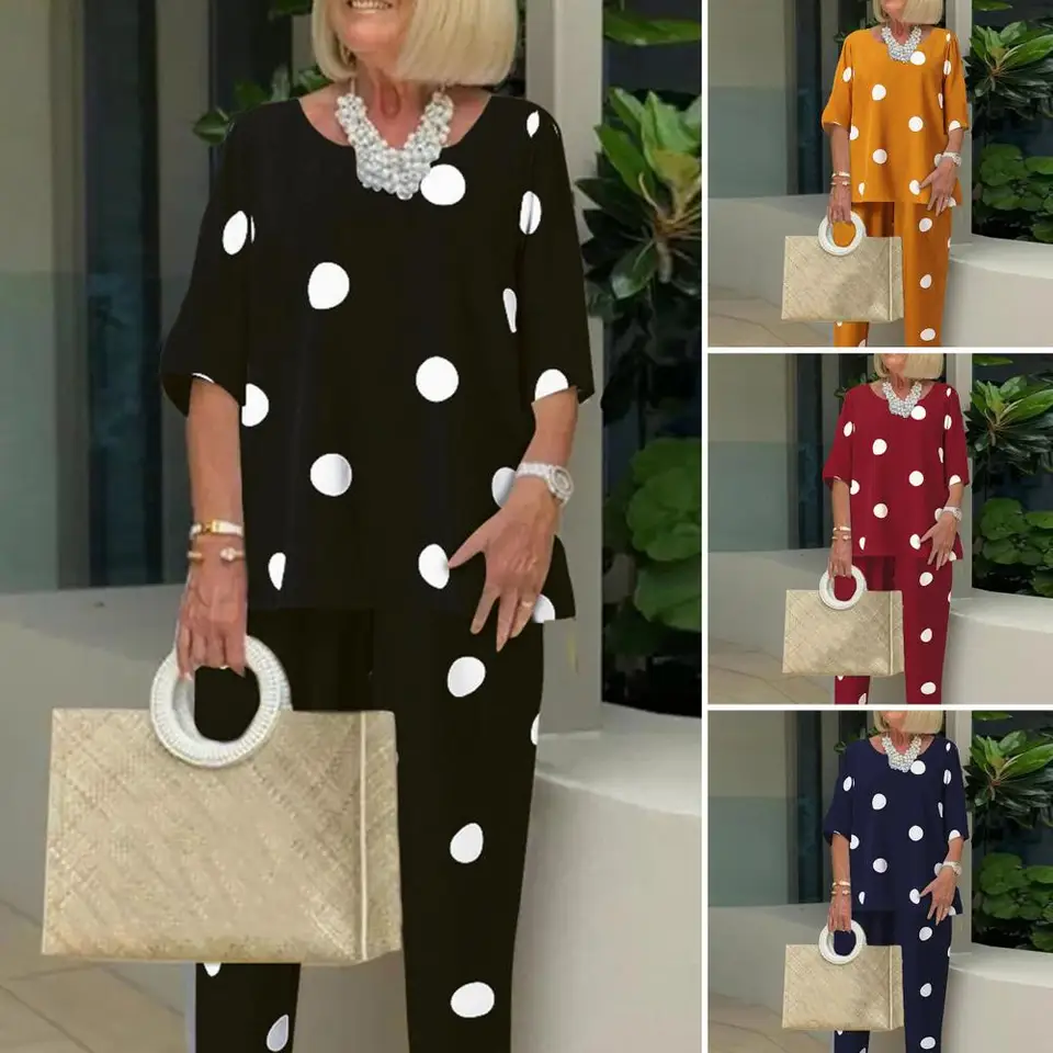 Letné stopy ženy Polka bodky tlačené polovičné rukávy O-krk blúzka Femme módne príležitostné nohavičky Tracksuit Chandals Mujer 2022