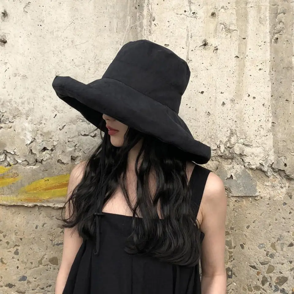 Letné tenké slnečné klobúky pre ženy Dámy Kórejské veľké okrajové rybárske klobúky Sunshade Hat Summer Black Gum Sunshade Hat